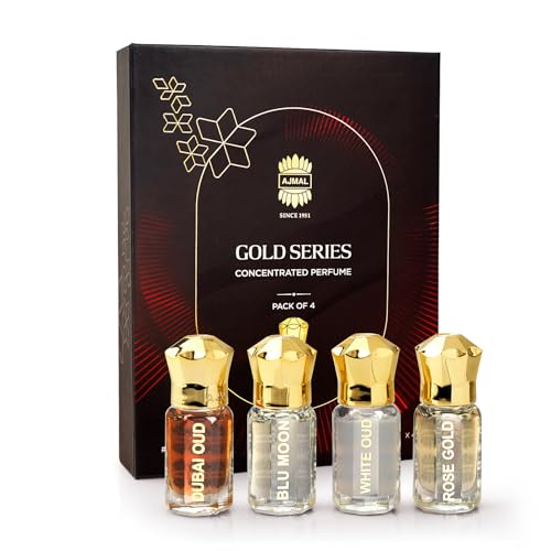 Image of Ajmal Gold Series Attar Perfume Gift Set Pack of 4, Dubai Oud, Blu Moon, White Oud, Rose Gold - 5ml each Non-Alcoholic Attar | Alcohol-Free Ittar for Men & Women | Versatile Office /Work Unisex Cologne
