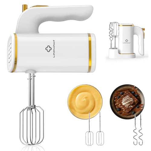 LINKChef Anti-Splash Hand Mixer Electric Whisk with Storage Base, 5-Speed White Electric Hand Whisk...