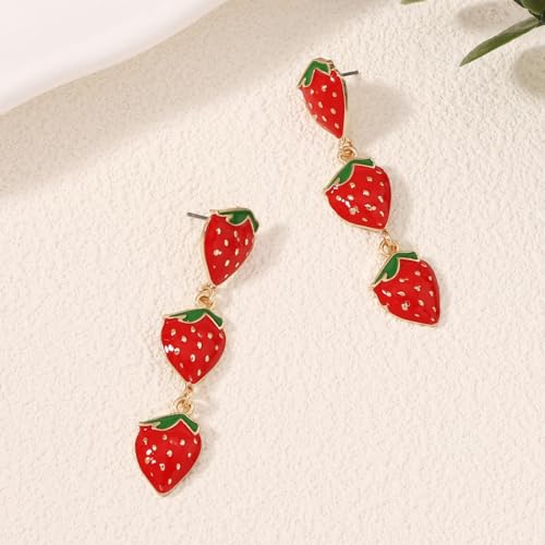Image of Cute Strawberry Stud Earrings Fruits Small Stud Earrings Red Enamel Lifelike Strawberry Earrings Summer Birthday Jewelry Gifts for Girls