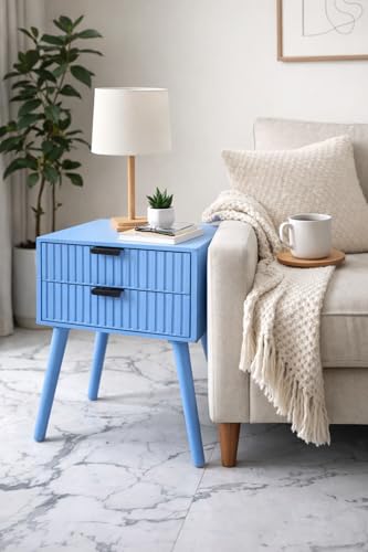 Image of Brown Art SHOPPEE Wooden Bedside Table for Bedroom | Line Design Bed Side Nightstand Lamp Table with 2 Drawers for Home | Side Table for Living Room | Premium Engineered Wood & Wood Legs (Blue)