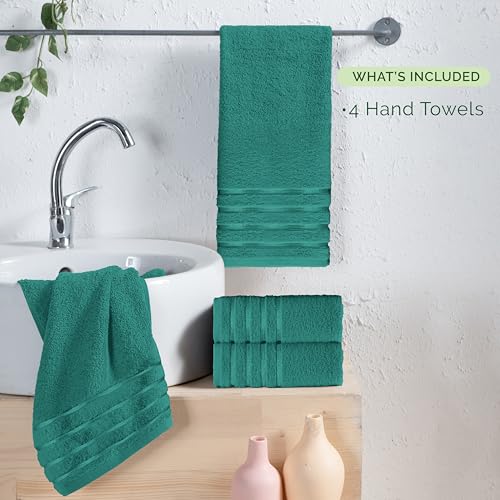 Image of Elegant Comfort 100% Turkish Cotton 4 Lines Viscose Stripe Luxury 4 Pack Hand Towel Set - Ultra Absorbent and Soft 16 x 28 Inch Premium Hotel Spa Quality Towels for Everyday Bath Use, Turquoise