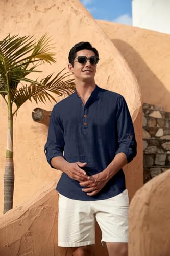 Image of Zombom Men's Solid Cotton Polyester Blend Straight Kurta Shirt, Regular Fit Full Sleeve Short Kurta Shirt