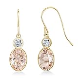 Gem Stone King 14K Yellow Gold Peach Morganite and White Topaz Dangle Earrings 1.58 Ct Oval 7X5MM