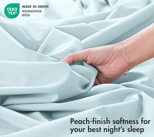 Image of RUVANTI 100% Cotton Percale Sheets Twin - Crisp Cooling Summer Bed Sheets for Hot Sleepers, Deep Pocket 14 inch, Soft Peach Finish, Breathable & Durable Hotel-Style 3 Piece Set, Spa Green