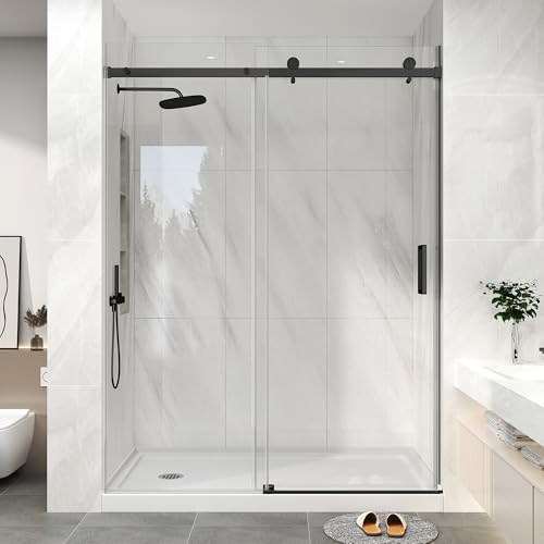 KPUY Frameless Shower Door, 55-60' W x 76' H Sliding Glass Shower Door, 1/4' (6mm) Thick Tempered Clear Glass with Explosion-Proof Film Nano Coating in Matte Black Finish