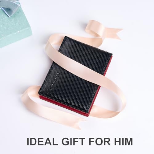 Image of Chelmon Slim Wallet for Men ID Window with RFID Blocking Front Pocket Minimalist Bifold Bussiness Card Holder Gift for Men, Carbon Black & Red