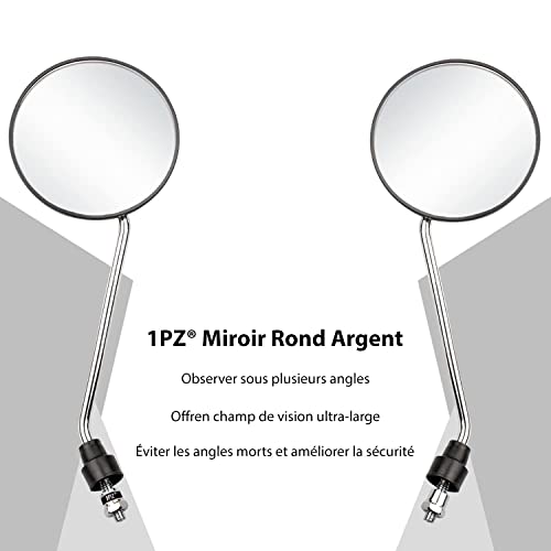 1PZ F11-MS1 Rétroviseur de moto rond argent universel réglable classique M8 / M10, Miroir Latéral de moto avec support de 7/8" 22 mm pour Go Kart VTT ATV Scooter Dirt Bike Mini Vélo Cyclomoteur Quad - Image 3