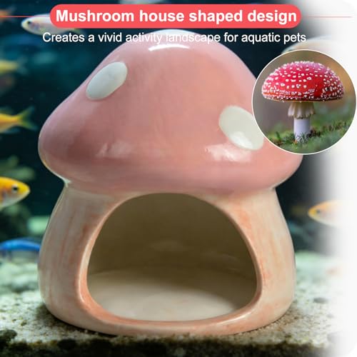 Image of AnRui Ceramic Betta Fish Tank Accessories Decor Cute Mushroom House Aquarium Decoration Hideout Cave Ornament for Small Fish, Shrimp, Goldfish and Reptiles (Pink)