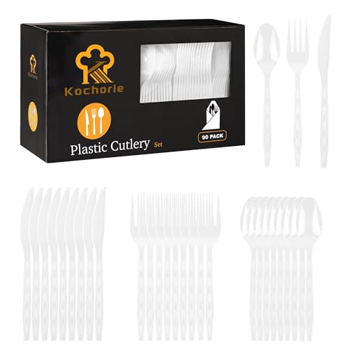 Kochorie 90 Pieces White Plastic Cutlery Set Disposable Plastic Utensils Heavy Duty Flatware Set Includes 30 Knives 30 Forks 30 Spoons for Wedding Birthday Baby Shower Party Supplies