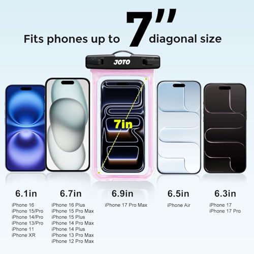 JOTO 2 Pack Waterproof Phone Pouch Case Up to 7", IPX8 Underwater Phone Case Protector Cellphone Dry Bag for iPhone 17/Air 16 15 14 13 12 Pro Max Xs Max XR X 8 7 6S Plus SE/Galaxy S24 S23 -Clearpink