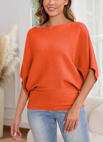 Image of MAKARTHY Womens Batwing Sleeves Knitted Dolman Pullovers Boat Neck Tops Sweatershirts