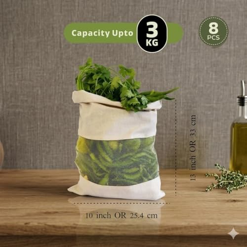 Image of QONETIC 8 Pcs Cotton Vegetable Cloth Bag for Fridge, Fruit and Vegetables Storage Bags for Refrigerator, Fridge storage bags Reusable and Washable Muslin Produce Bags with Drawstring Veg Bags