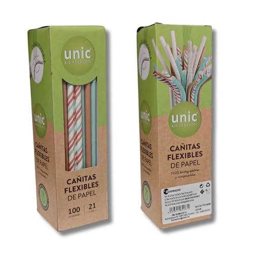 RASMACOR | Pajitas Flexibles de papel multicolor | Paquete de 100 pajitas | 100% biodegradable y compostables, sin plástico, ecológico | cañitas fuertes y resistentes