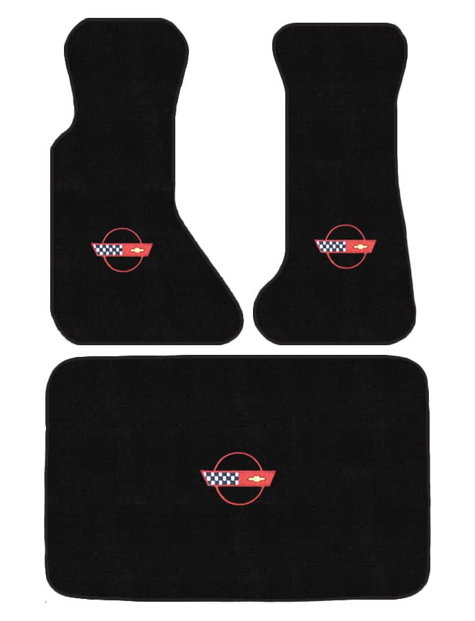 3 Piece Carpet Floor Mat Set Compatiable with 1984-1996 Corvette Convertible with Red C4 Flag Logo - Black