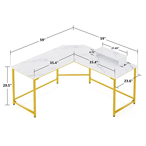 Elephance 59" L Shaped Desk Corner Computer Desk Gaming Table With Monitor Stand Workstation For Home Office Faux Marble White #TOP2