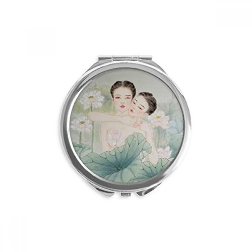 Miroir portable maquillage aquarelle lotus chinois rond de poche multicolore