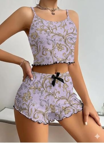 Image of SGC SWEDEN Women's Babydoll Lingerie Set with Boyshorts Panty, Cotton Blend, Multi-Colour, Free Size, 30-36 Inches, Adjustable Straps