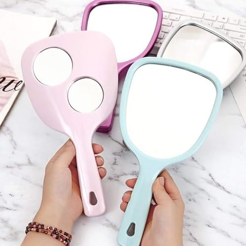 Image of 26x13.5 cm Fan‑Shape Hand Mirror | Dual‑Side Front 1x + Back 2x /3x Magnifying Makeup Mirror | Portable Travel Compact, Multicolor Plastic (1, Pentagonal)