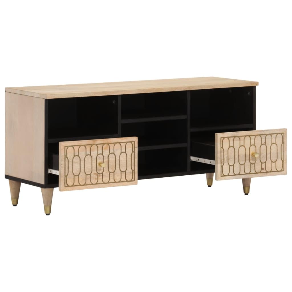Szafka pod telewizor 100 x 33 x 46 cm z litego drewna mango, ręcznie rzeźbiona, wytrzymała podstawka pod telewizor do salonu, konsola multimedialna