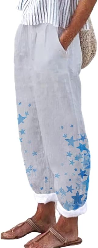 Womens Fashion 2024 Summer Casual Star Printed Palazzo Pants Loose Elastic Waist Cotton Trouser Flowy Leg Pants