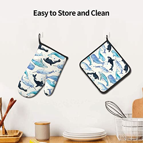Cute Whale Oven Mitts And Pot Holders Sets Of 2, Non-Slip Cooking Hot Pads Washable Heat Resistant For Kitchen Microwave Bbq Baking Grilling #TOP5