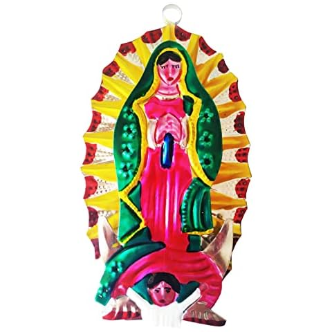 Yani's Gifts Mexican Tin Ornaments, 6 Inch Hand Painted Our Lady of Guadalupe, Virgen de Guadalupe Decorations, Art, Christmas Feliz Navidad Virgin Mary Statue, Pink, Green Cover