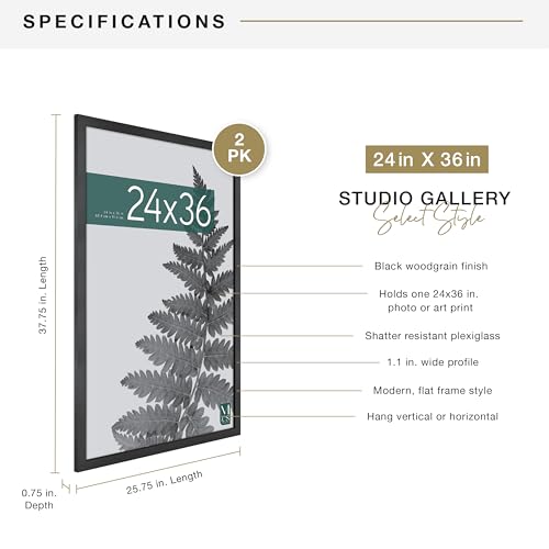MCS Studio Gallery Movie Poster Frame 24x36 Black Woodgrain, Vertical & Horizontal Wall Hanging Large Picture Frame for Photos, Artwork & Custom Posters (2-Pack)