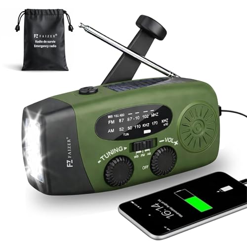 Radio de Emergencia de manivela de 2000 mAh, Radio meteorológica, radios solares Que Funcionan con Pilas, radios de Alerta meteorológica NOAA/Am/FM con Cargador de teléfono (Verde)