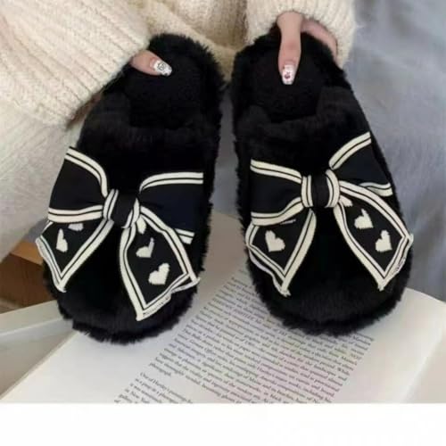 Black Bow Slippers for Women Fuzzy Cute Fluffy Puffy Bedroom Shoes Soft Warm Indoor Outdoor Non-slip2