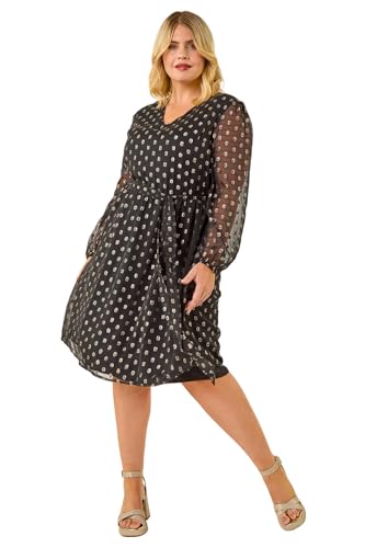 Roman Curve Polka Dot Dress for Women UK - Ladies Everyday Autumn Winter High Neckline Comfy Soft Evening Vacation Work Party Night Out - Black Plus - Size 18