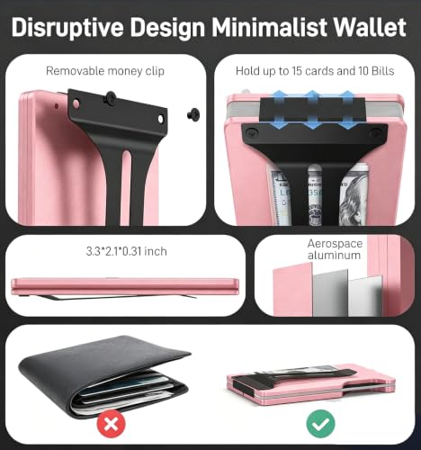 Image of Minimalist Wallet for Men, Slim Metal RFID Blocking Wallet Credit Card Holder Money Clip & Cash Strap, Scratch-Resistant Holds 15 Cards,Ideal Gift for Men | Matte Pink
