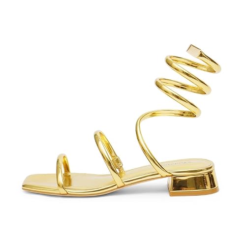 Modatope Two Strap Square Open Toe Sandals Glod Strqappy Low Block Heels Spiral Ankle Warp Strap Gladiator Sandals Size 7.5 - Thumbnail 2