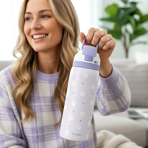 Image of Daisy Insulated Stainless Steel Water Bottle with Straw for Sports and Travel, 32oz Gifts for Women Girls Friends Teens Birthday Christmas (Purple)