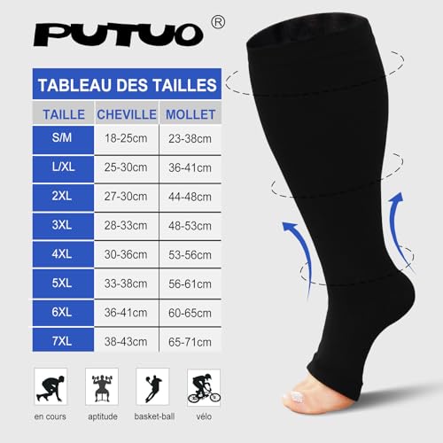 PUTUO Calcetines de Compresión para Hombre y Mujer: Medias de Compresion Talla Grande Punta Abierta para Mujeres Hombres para Correr Viajar Vuelo Ciclismo Embarazo 1 par Negro 6XL - imagen 2
