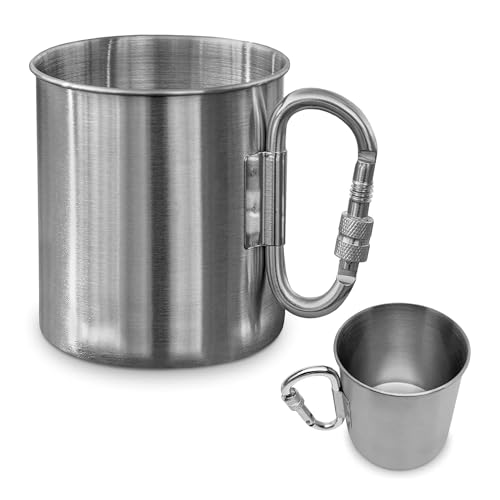 VIKROM 13.5 Oz Stainless Steel Camping Mug with Carabiner - Metal Camping Cup for Traveling, Lightweight and Heat-Resistant, Durable and Easy to Clean Hiking Cup, Comfortable to Hold and Drink