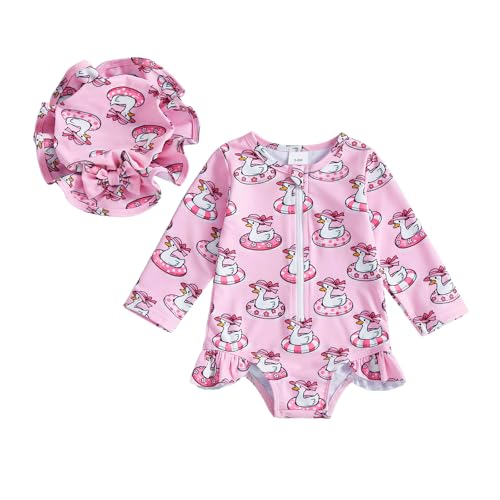 Newborn Baby Girl Swimsuit Long Sleeve 2pcs Duck/Shell Print Rash Guard Swimwear and Sun Hat (Pink Duck, 12-18 Months)