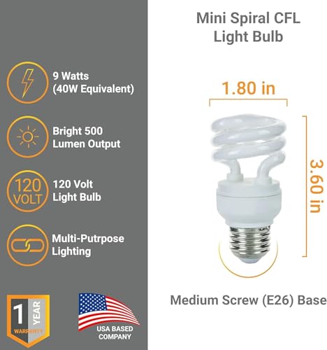 Diodesy- Pack of 3 SMS9/41K CFL Mini Spiral Light Bulb, T2 Compact Fluorescent Bulb, 9 Watts (40W Equiv.), Dimmable 4100K Cool White, E26 Medium Base, for Kitchen/Bedroom/Office, 500 Lumens, 10000hr