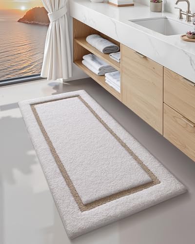 Image of Color&Geometry White Bathroom Rugs 43x24, Extra Soft Absorbent Microfiber Bath Rugs, Non-Slip Bathroom mat, Washable Plush Bath Mats for Bathroom, Shower, Bathtub, Laundry, White Beige