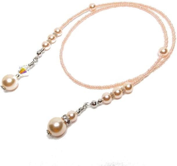 Czech Glass Seed Beaded Book Thong Bookmark with Austrian Crystal Pearl (Peach - 10)