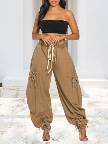 Famnbro Womens Barrel Jeans Baggy Cargo Jogger Y2k Drawstring Bow Jeans Sweatpants Wide Leg Denim Pants4