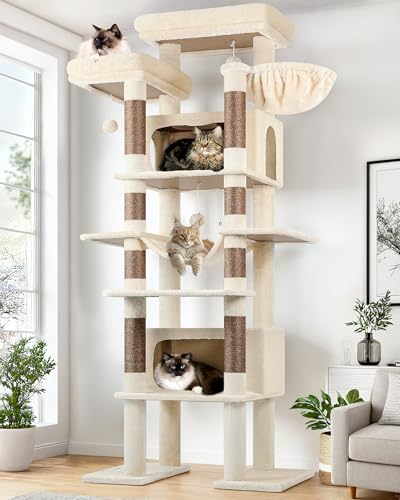 Globlazer Arbre à Chat Beige XXL Géant Hauteur 213 cm avec 2 Grande Niches 50*30*30CM, 2 Rembourré Plateformes, Perchoir, Panier, Luxe Stable Arbre a Chat pour...