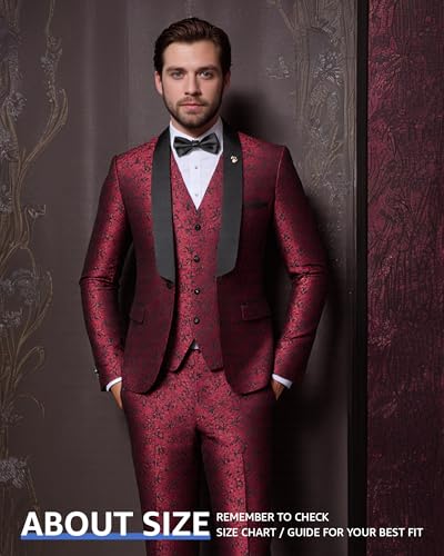 MY'S Men's Floral Tuxedo, 3 Piece Slim Fit Jacquard Suit, Jacket Vest and Pants Shawl Lapel with Bow Tie for Wedding Prom3