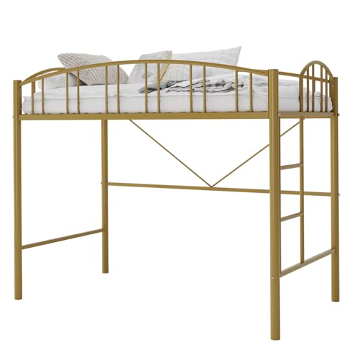 Loft Bed Twin Size with Stairs and Arched Guardrail, Sturdy Metal Slats Support, Space Saving, Noise Free, No Box Spring Needed, Ideal for Kid Room and Dorm, Gold