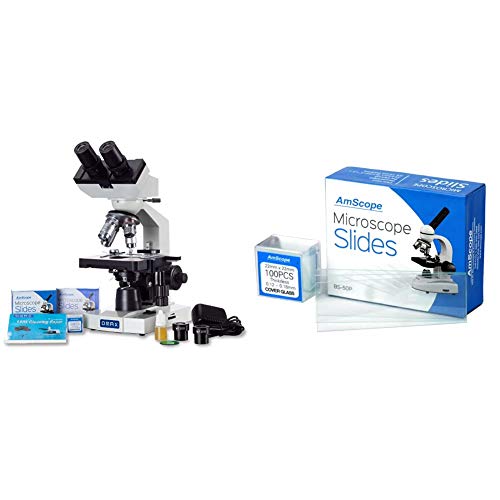 OMAX 40X-2000X LED Binocular Compound Lab Microscope w/Double Layer Mechanical Stage + Blank Slides & AmScope BS-50P-100S-22 Pre-Cleaned Blank Ground Edge Glass Microscope Slides
