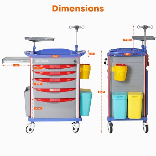 Image of 5-Tier Medical Cart with Wheels, Hospital Emergency Rolling Crash Carts with Adjustable IV Pole, Cardiac Board, O2 Holder, Power Strip, Trash Bin - Ideal Nursing Cart for Clinics, Hospitals