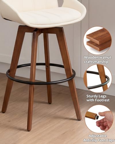 Image of AQG Beige Bar Stools 30 Inch Set of 3 Leather Bar Height Stools with Backs, Mid Century Modern Swivel Bar Chairs, Upholstered Barstools Wood Frame for Kitchen Island