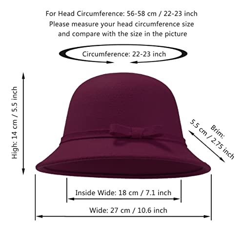 Women Felt Hat, Bucket Hat, Adjustable Vintage Bowler Suede Wool Hat With Bowknot Wine #TOP1