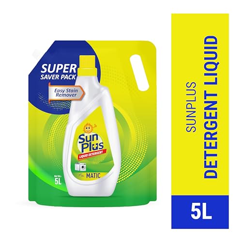Image of Sunplus Liquid Detergent - 5L Pouch, Matic Laundry Liquid for Clothes, 100 Washes | Easy Stain Remover | Active Fresh Technology | Safe on Skin | Hot & Cold Water Use | Fabric Care