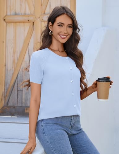 Image of FreshNight Women's 2025 Short Sleeve Cardigan Button Up Hollowed Out Crewneck Shrug Sweaters Knit Sweater Tops Lightweight