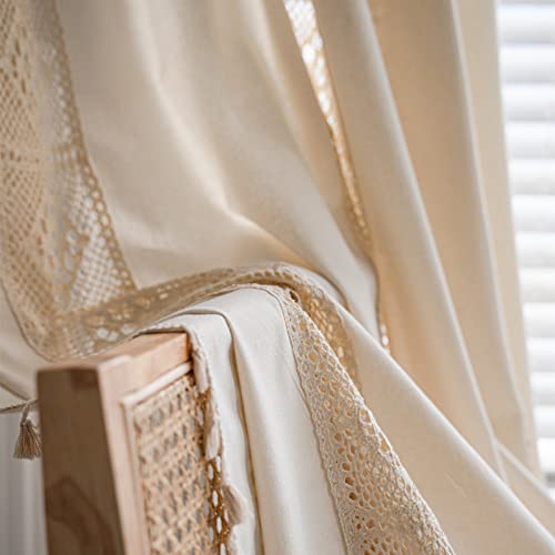 Sutuo Home Boho Curtain Crochet Lace Patchwork Semi-Blackout Bohemian Handmade Tassels, Rod Pocket Window Treatment Vintage Rustic Farmhouse Drapes For Living Bedroom, 1 Panel 59" W X 84" L, Beige #TOP4